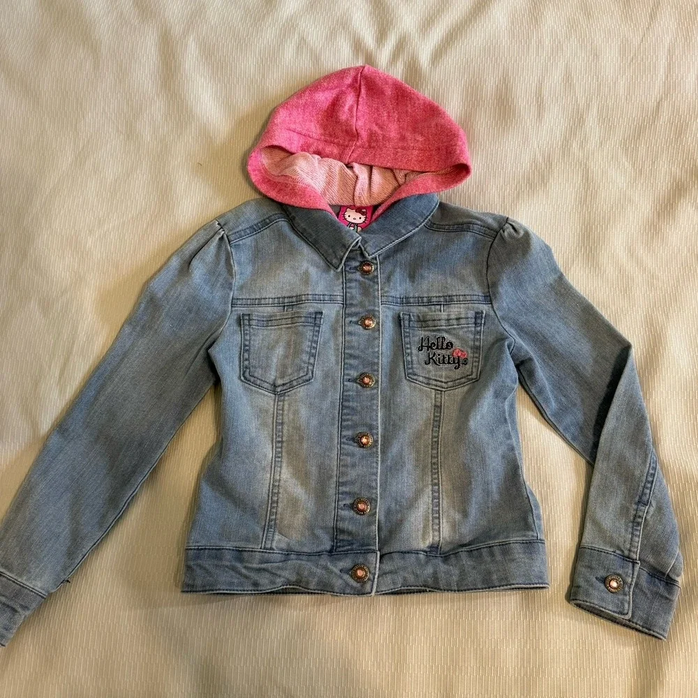 Hello Kitty Pink Embroidered Jean Denim Hooded Jacket Girl's Sz 6 Zip & Button